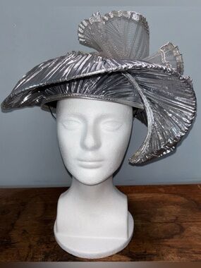 Juan Ell Designed Women’s Hat Elegant Silver Pleated Statement Derby Church